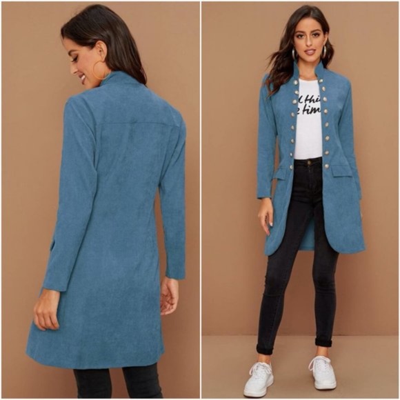 Brown buttons corduroy pea coat jacket shacket - Picture 3 of 9